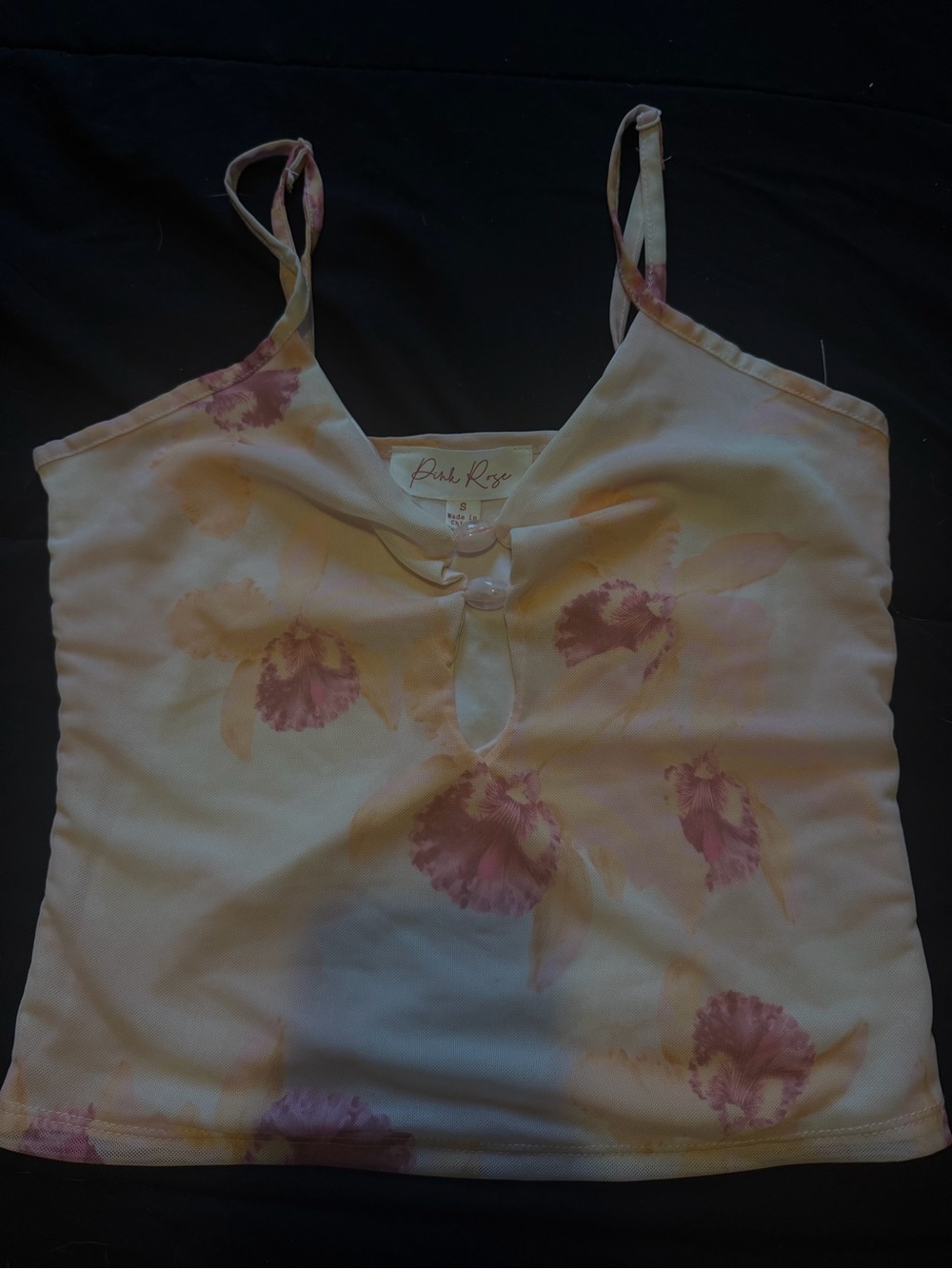 Pink Rose Cream Floral Spaghetti Strap Tank Top with Pink Accents